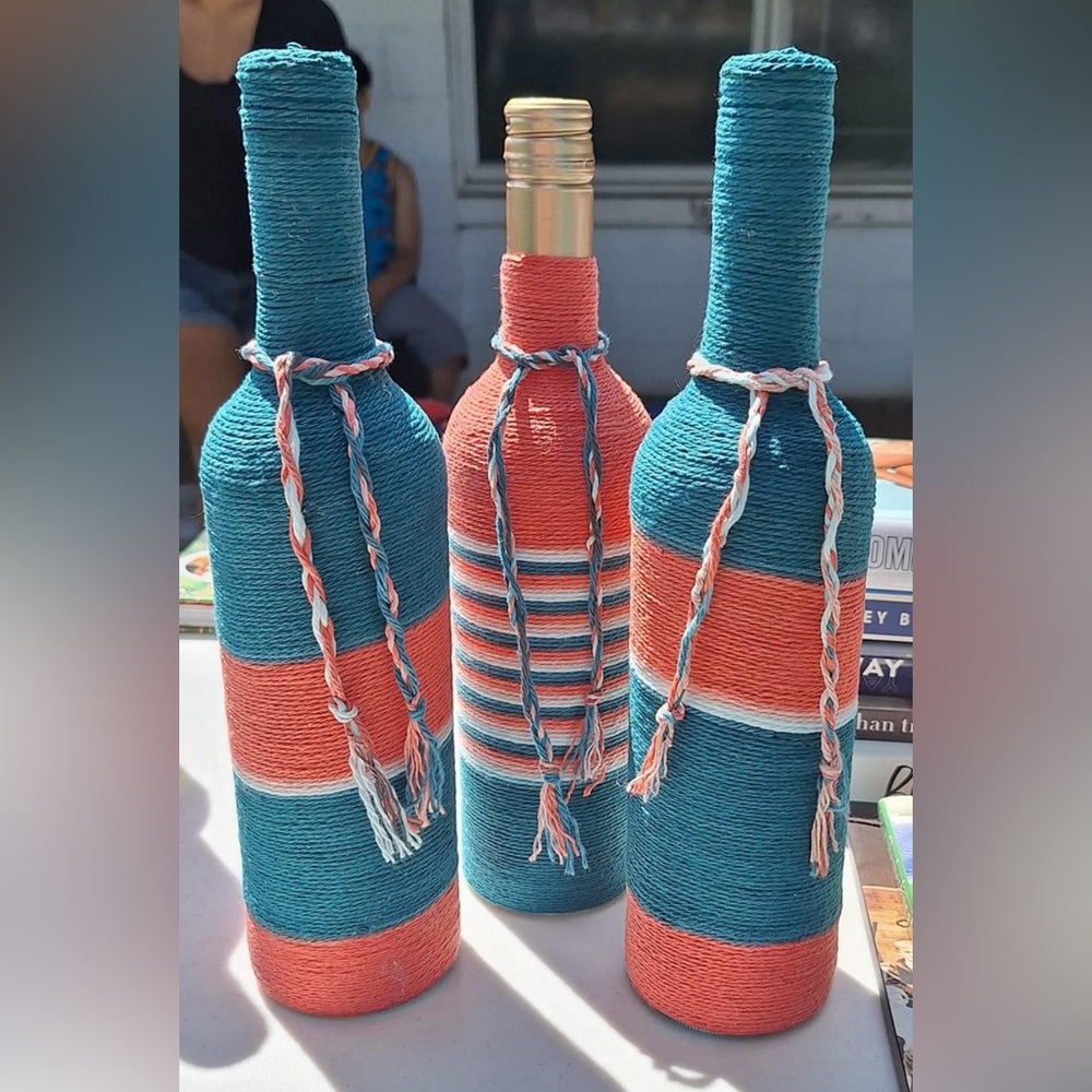 Customized handmade string wrapped Chardonnay bottle decor